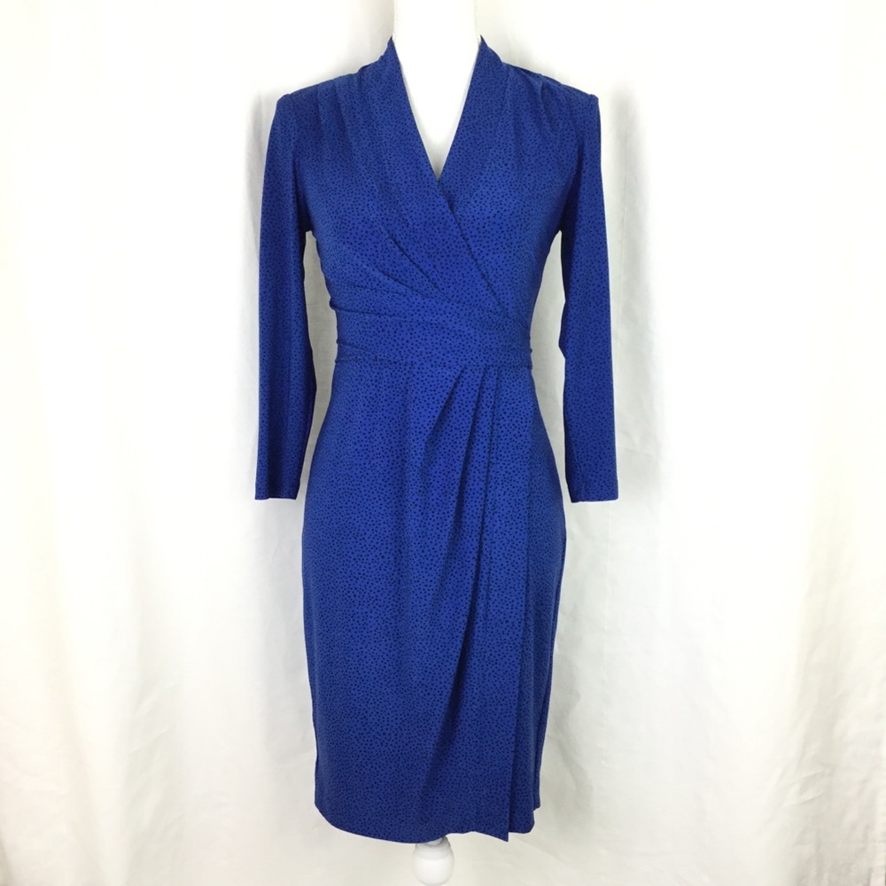 Blue with black polkadot faux wrap dress size 2